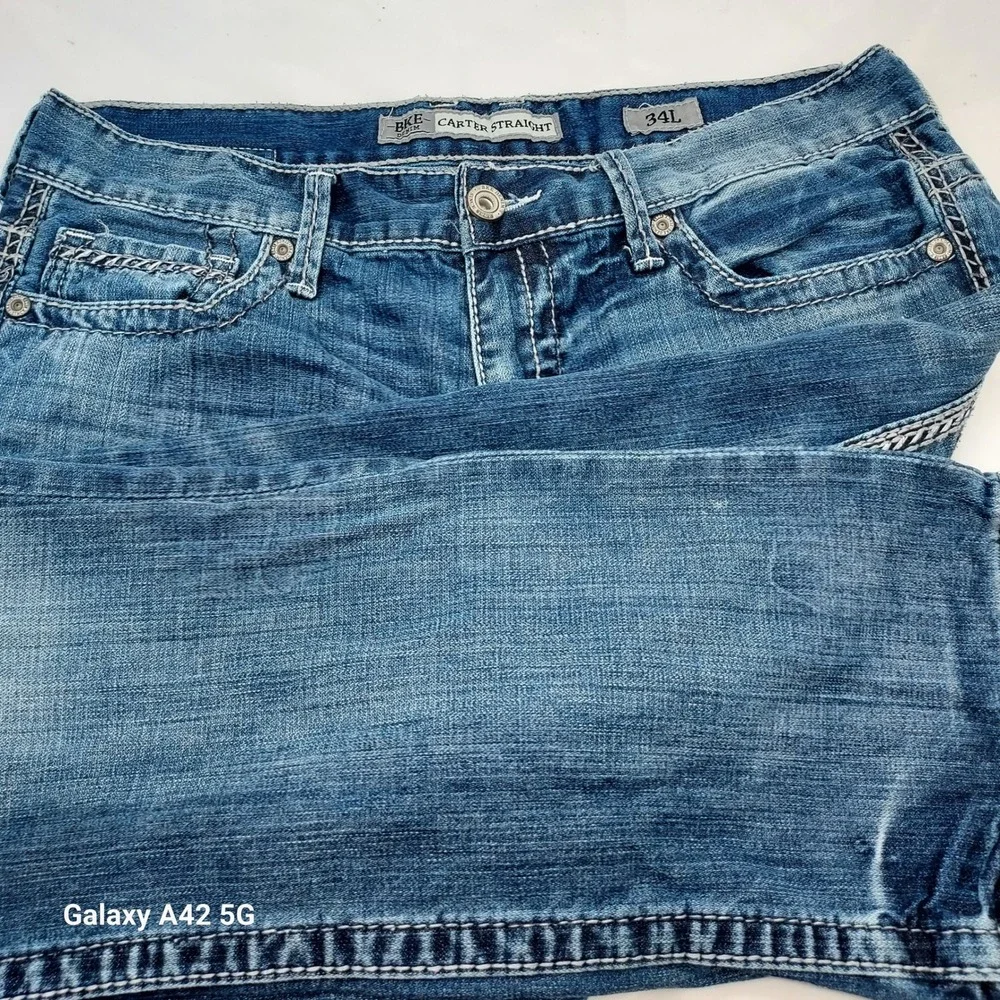 BKE Carter Straight Leg Jeans Mens 34L Medium Wash Denim ABM2724 Heavy Stitch